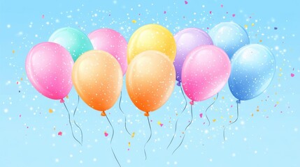 Colorful balloons on blue sky background with confetti. Vector illustration.
