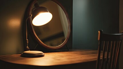 A small, simple mirror propped up on a study desk, reflecting the soft glow of a desk lamp