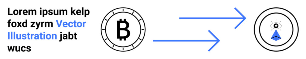 Bitcoin symbol coin, smart contract logo, blue arrows for transfer process. Ideal for cryptocurrency themes, digital currency exchange, blockchain technology, financial transactions, decentralized