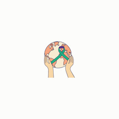 An illustration of two hands holding a globe adorned with a green awareness ribbon, symbolizing world cancer day, global unity and care in the fight against cancer. Simple and impactful design.