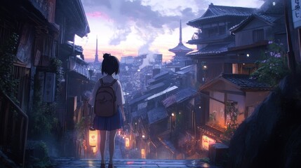 Anime girl in traditional Japanese city at dusk.