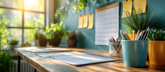 Sunlit workspace with plants, calendar, and stationery.