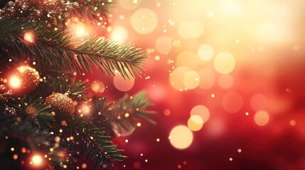 A festive scene featuring a Christmas tree with ornaments and a bokeh background.