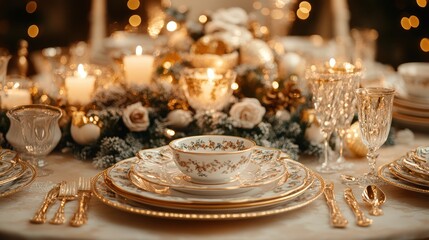 Elegant Christmas table setting with candles, flowers, and fine china.