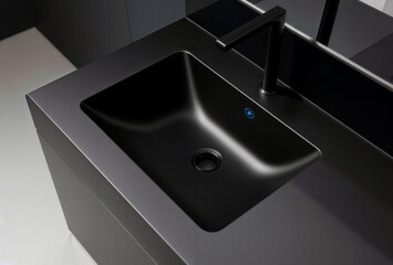 Modern black sink. Sleek black bathroom sink with touch sensor and minimalist faucet.