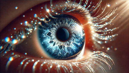 Macro view of a blue eye with shimmering light reflections, emphasizing intricate details of the iris and pupil under natural soft light.