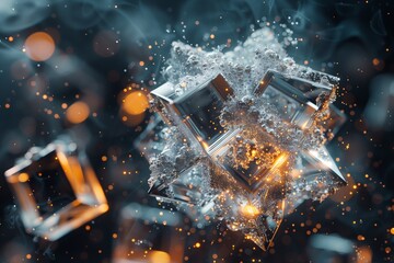 A mesmerizing close-up of crystal shapes submerged in shimmering water and light.