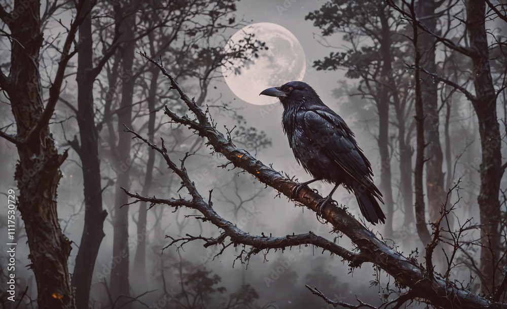 Poster black crow is perched on a tree branch. the moon is in the background. the sky is dark and cloudy