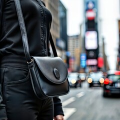 Urban fashion accessory. A stylish black leather crossbody bag worn by a person in a bustling city street with blurred lights and traffic in the background.