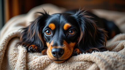 A long-haired dachshund resting its head on a blanket.