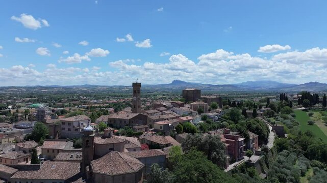 aerial journey to old town Santarcangelo di Romagna and its many prominent historical landmarks