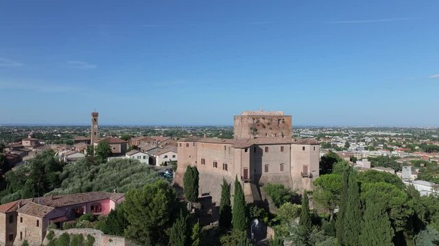 aerial visit to the Castello Malatestiano castle in Santarcangelo di Romagna. A tourism favorite with Italians passing through the area. Castle tours possible