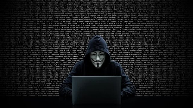 Hacker working on laptop on abstract digital background