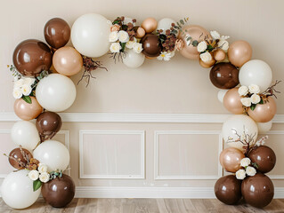 Latex balloon garland square arch brown cream taupe white gold empty wall backdrop elegant party decoration lux earthy wedding engagement anniversary birthday baby shower gender neutral event planner