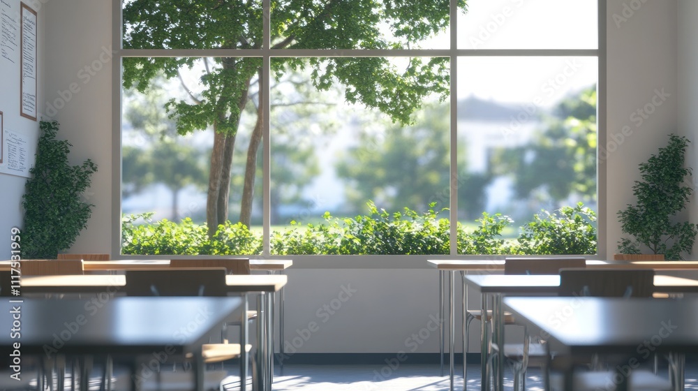 Poster sunlit classroom with desks and a view of lush greenery