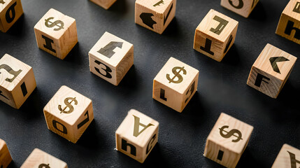 Scattered Wooden Cubes with Currency and Alphabet Symbols - Photo