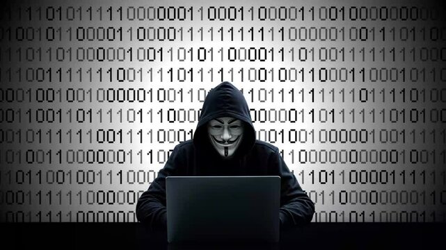 Hacker working on laptop on abstract digital background