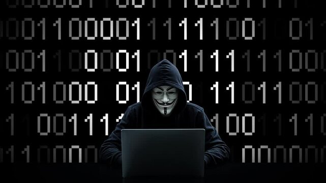 Hacker working on laptop on abstract digital background