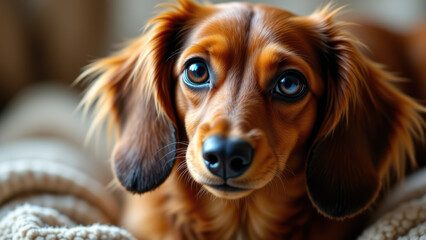 A long-haired dachshund with a soft expression staring into the camera.