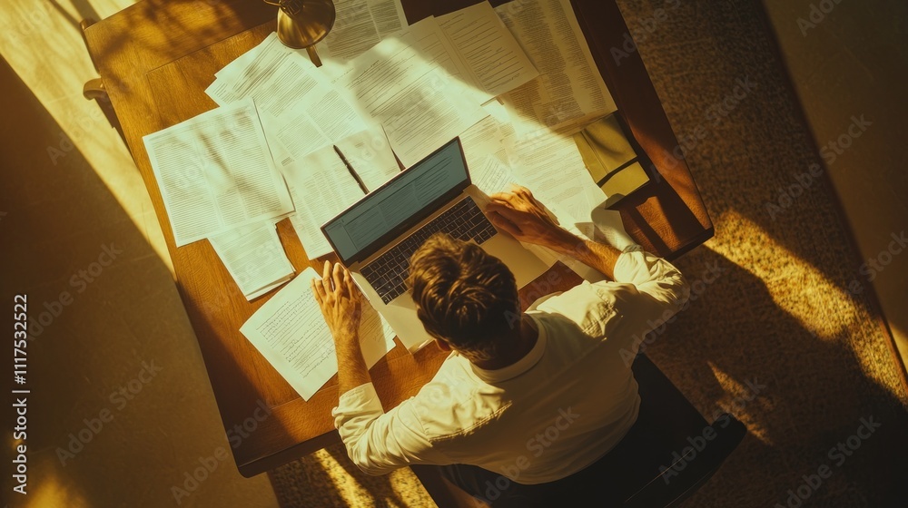Poster man working on laptop surrounded by documents