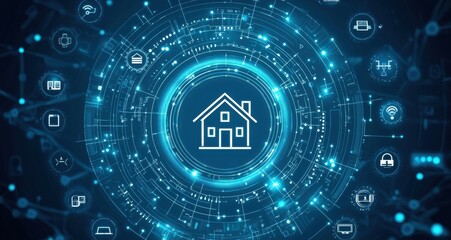 Futuristic smart home interface with digital technology icons