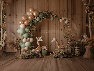 Woodland safari balloon garland arch neutral sage  green beige giraffe jungle animal party backdrop boho indoor decor whimsical forest display celebration setup event kids baby shower birthday event