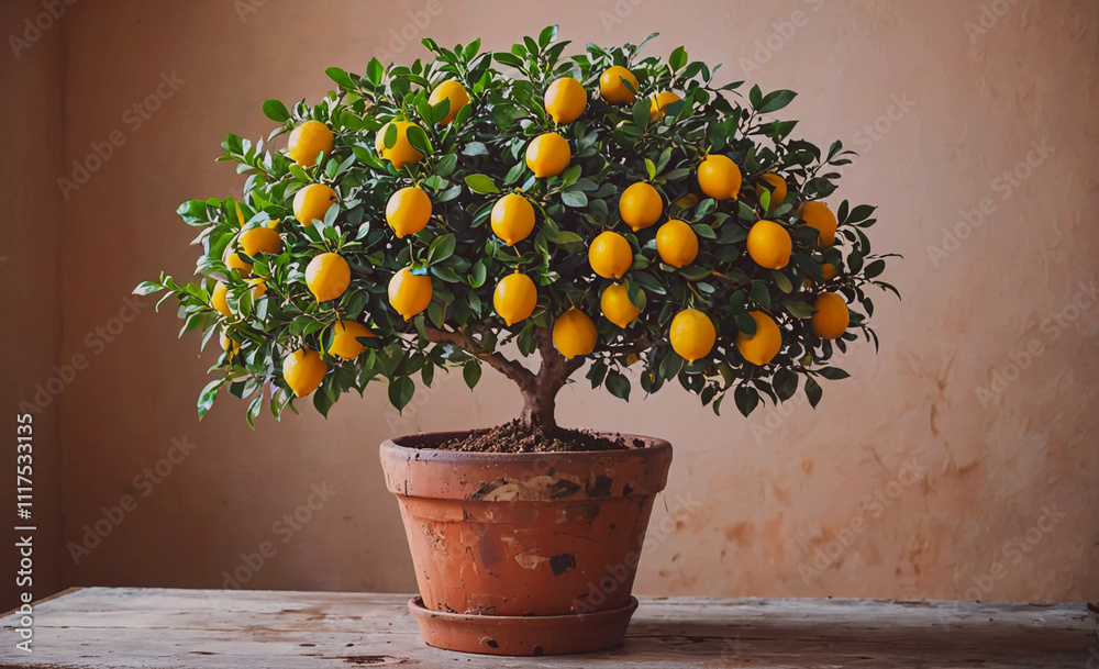 Poster Small orange tree with many oranges in a pot. The pot is on a table. The oranges are in different positions, some are on the top, some are on the bottom, and some are in the middle
