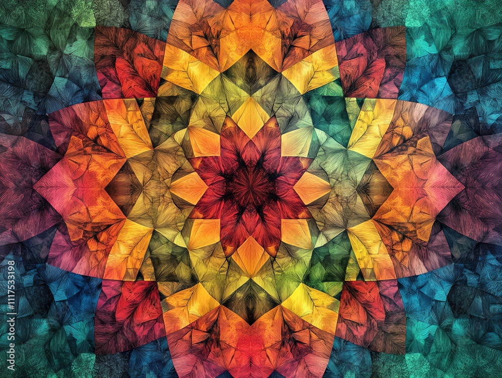 Poster a vibrant, symmetrical kaleidoscope design featuring colorful, abstract shapes and patterns.