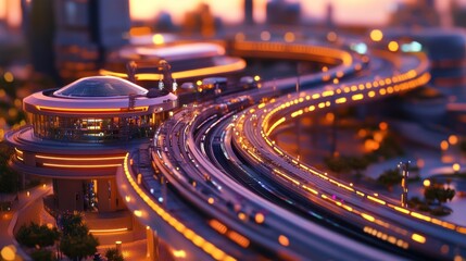 Futuristic Cityscape Elevated Train Station at Dusk