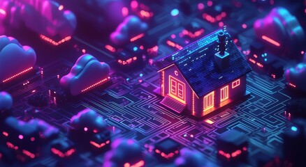 Obraz premium Isometric house on digital circuit board with cloud technology
