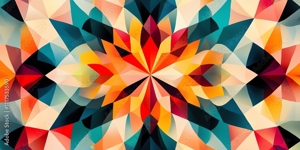 Poster a vibrant geometric design featuring colorful, abstract shapes radiating from a central point.