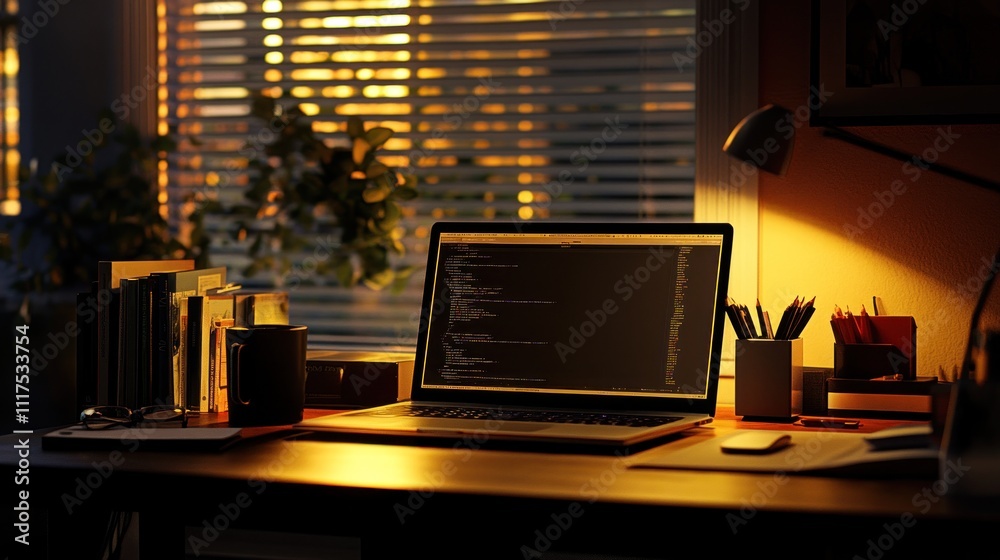 Poster Laptop illuminated displaying code at a dimly lit desk