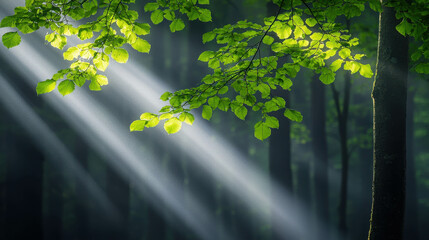 Obraz premium Sunlight Rays Filtering Through Lush Green Leaves in Serene Forest Landscape