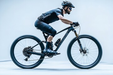 Fototapeta premium Professional cyclists ride sleek, black mountain bikes of excellent quality, isolated on a white background. Generative Ai