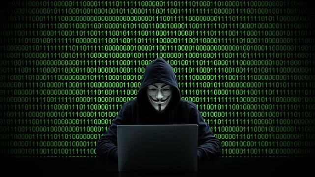Hacker working on laptop on abstract digital background