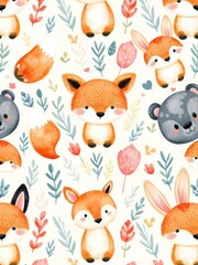 Obraz premium Watercolor seamless pattern featuring adorable woodland animals such as bear, fox, and bunny in a whimsical and colorful design, whimsical, colorful
