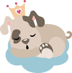 Cute king dog sleeping with a crown on her head