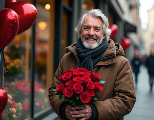 AI generation of man with roses on the street with red heart shape red ballons and flowers on background