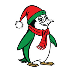 Penguin wearing a Santa Claus hat and scarf vector art illustration isolated on white background.