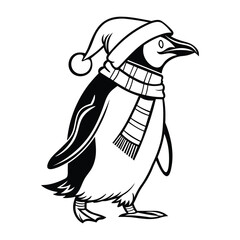 Penguin wearing a Santa Claus hat and scarf silhouette vector art illustration isolated on white background.