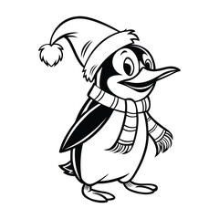 Penguin wearing a Santa Claus hat and scarf silhouette vector art illustration isolated on white background.