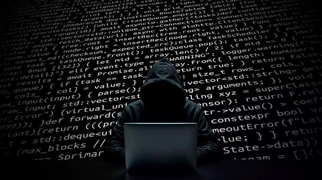 Hacker working on laptop on abstract digital background
