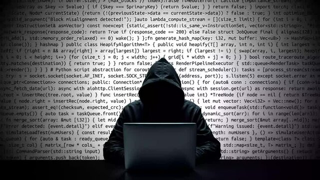 Hacker working on laptop on abstract digital background