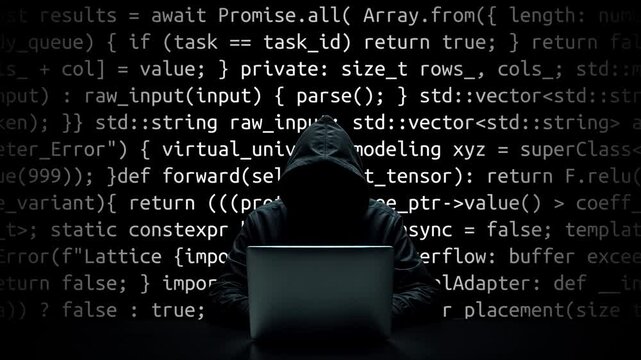 Hacker working on laptop on abstract digital background