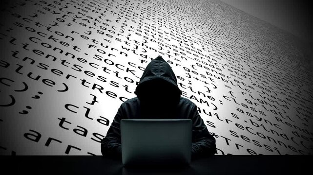 Hacker working on laptop on abstract digital background