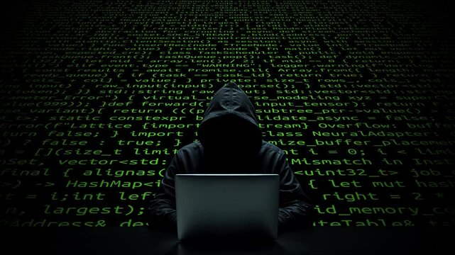 Hacker working on laptop on abstract digital background