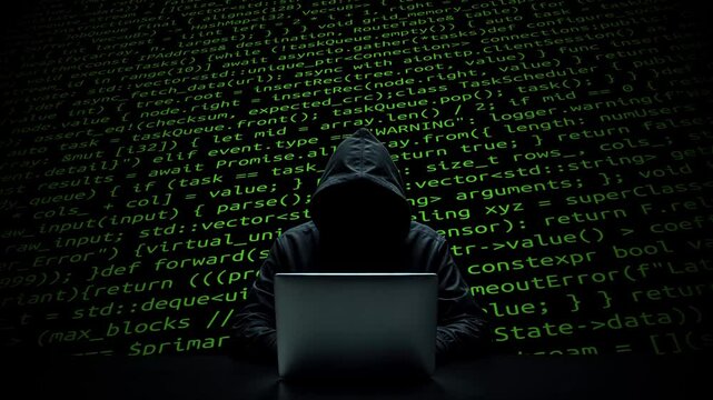 Hacker working on laptop on abstract digital background
