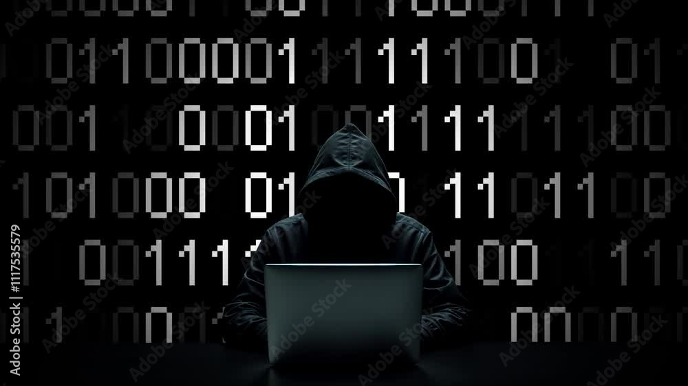 Wall mural hacker working on laptop on abstract digital background