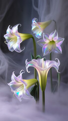 Beautiful Amaryllis flowers with translucent petals showcasing iridescent hues, creating a surreal and magical ambiance, cool spectrum amaryllis flowers. Created with generative AI