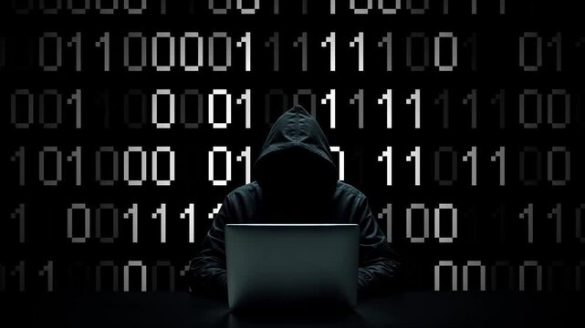 Hacker working on laptop on abstract digital background